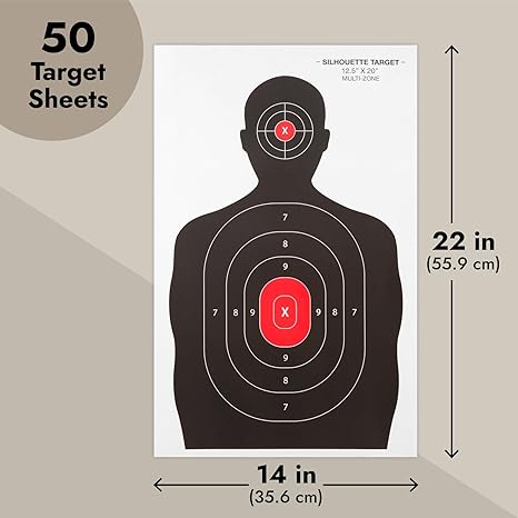 Juvale 50 Pack Paper Shooting Targets for Range, Bulk for Hunting, Silhouette with Red Bullseye (14x22 in) - Targets for Shooting Range