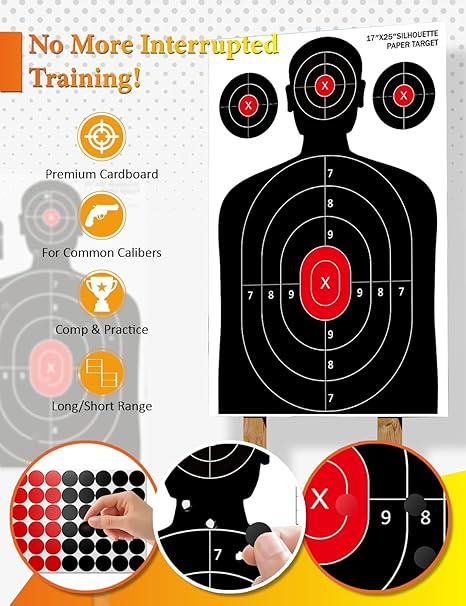 50 Pack Paper Shooting Targets for Range, 17x25 Inch Silhouette Targets for Indoor/Outdoor Shooting with 480 Stickers, Compatible with Pistol, Rifles, air Gun, and BB Gun Practice