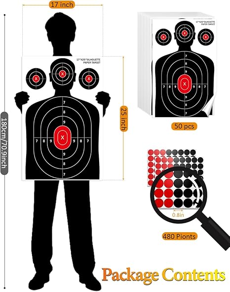 50 Pack Paper Shooting Targets for Range, 17x25 Inch Silhouette Targets for Indoor/Outdoor Shooting with 480 Stickers, Compatible with Pistol, Rifles, air Gun, and BB Gun Practice