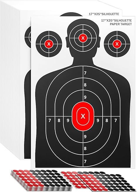50 Pack Paper Shooting Targets for Range, 17x25 Inch Silhouette Targets for Indoor/Outdoor Shooting with 480 Stickers, Compatible with Pistol, Rifles, air Gun, and BB Gun Practice